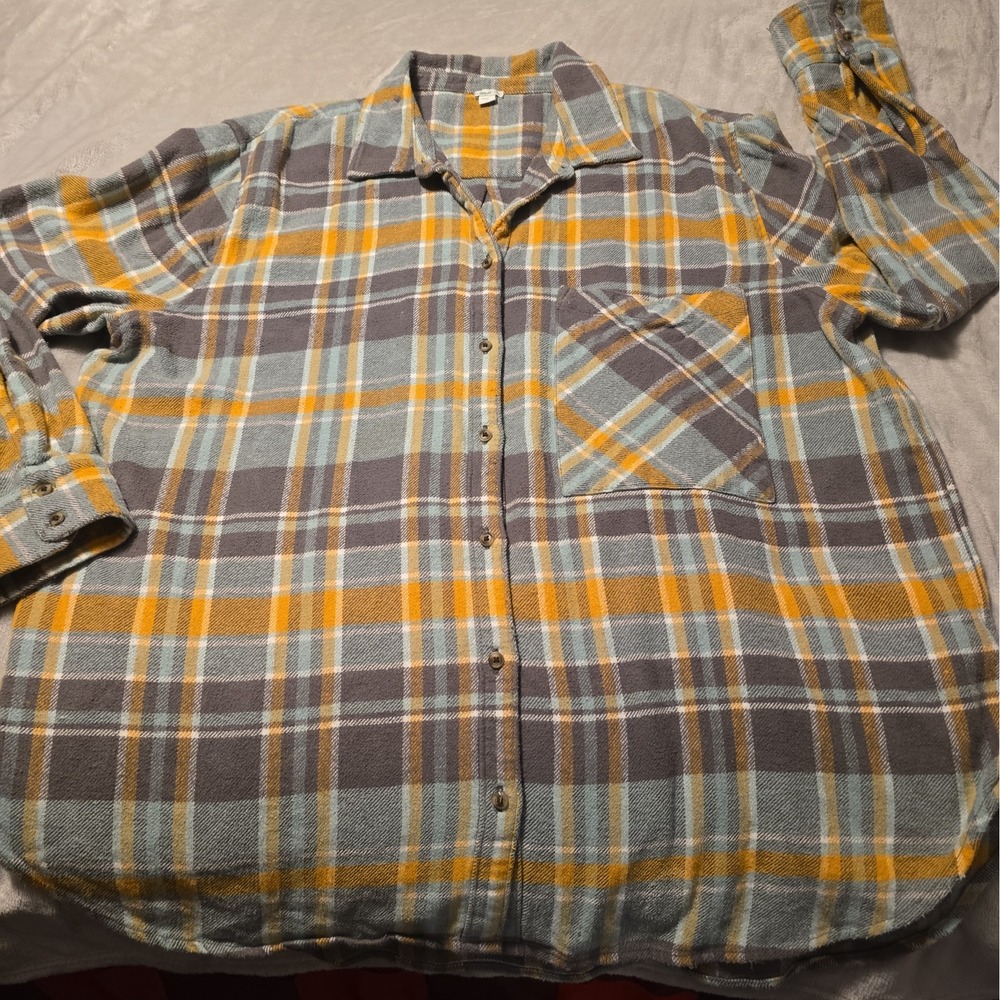 Aerie Men's Size L Gold Green Plaid Flannel Button Shirt Long Sleeve Grunge 90s